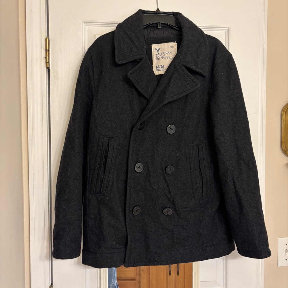 VTG American Eagle Men's Medium Double Breasted Wool Black Peacoat Prep Heritage
